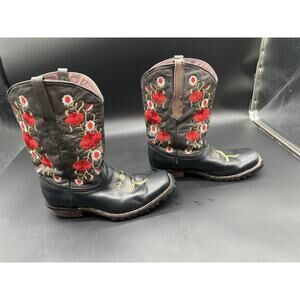 Women’s Genuine Leather Red Rose Black Nobuck Square Toe Western Cowgirl Boot